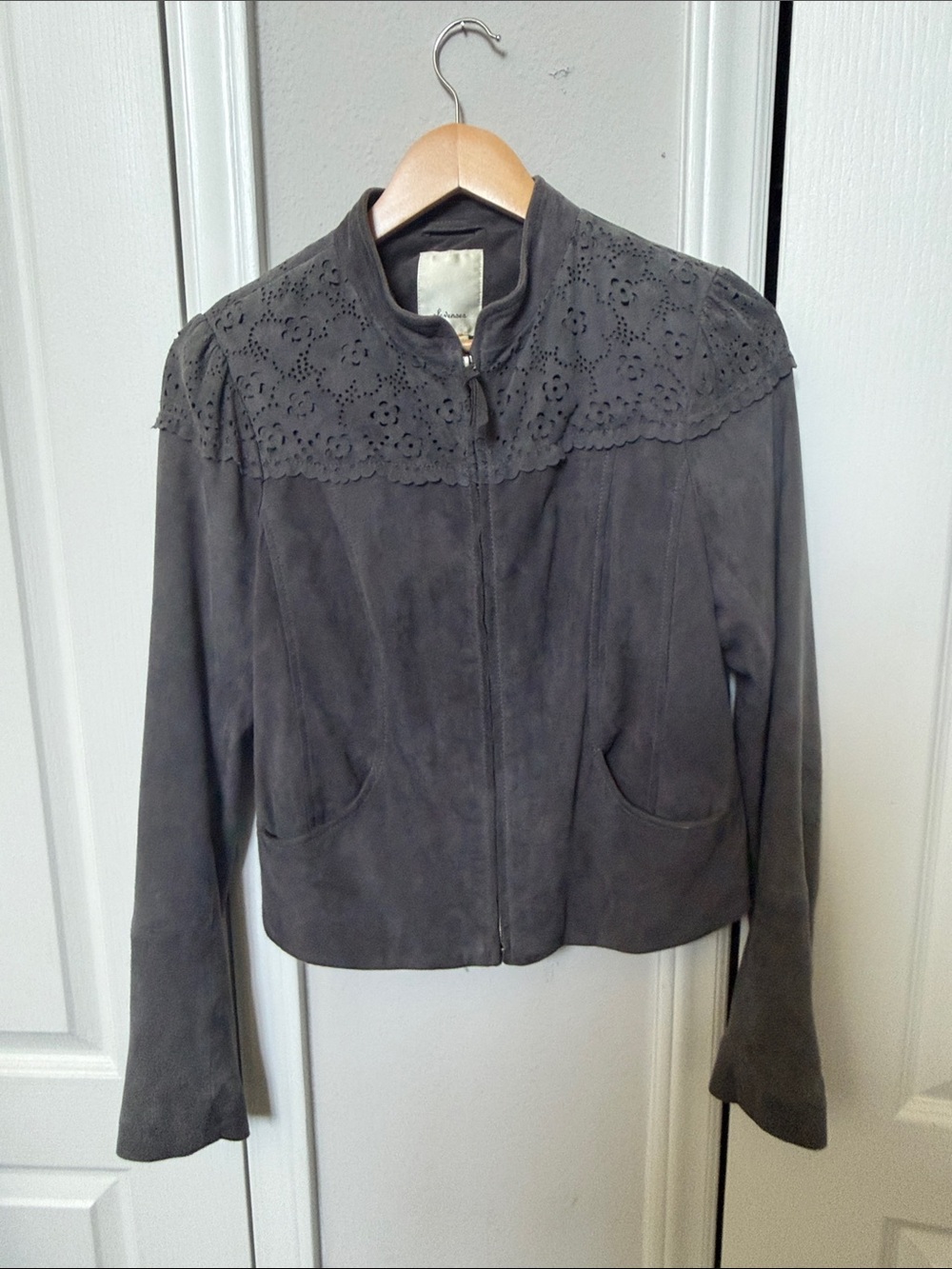 Anthropologie elevenses Grey Suede Eyelet Yoke Zip Jacket